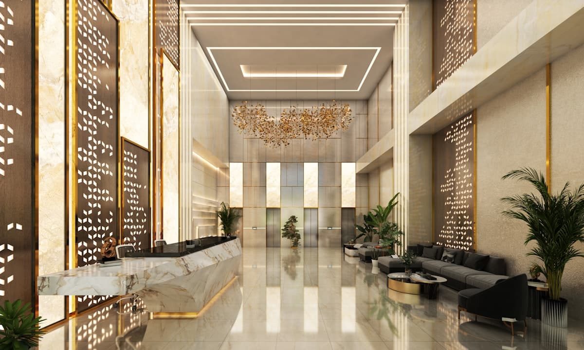 Modern hotel lobby with reception desk